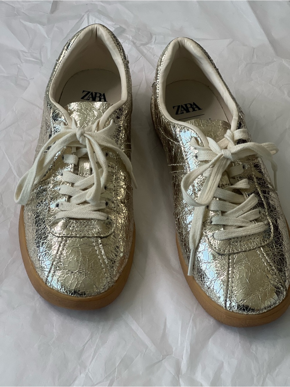 Zara Cracked Metallic Gold Sneakers with Cream Laces